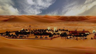 Eine Oase mit Palmen und traditionellen Gebäuden, umgeben von goldenen Sanddünen unter einem dramatischen Himmel.