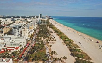 Ein atemberaubender Blick auf den Strand von Miami Beach, gesäumt von Palmen und modernen Gebäuden, unter einem klaren blauen Himmel.