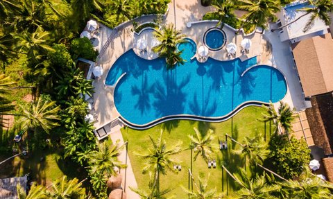 Ein luftiger Blick auf einen großen Pool, umgeben von Palmen und Liegen, ideal für Entspannung und Erholung.