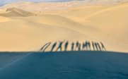 Die Schatten von mehreren Personen zeichnen sich auf den sanften Sanddünen unter einem klaren Himmel ab.