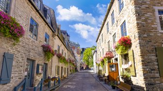 Eine malerische Gasse in Quebec, gesäumt von historischen Steinhäusern und blühenden Pflanzen in bunten Kästen.