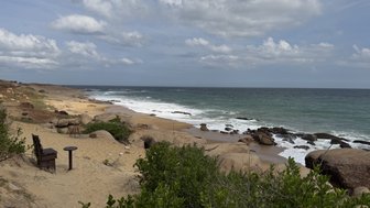 Eine ruhige Küstenlandschaft mit sanften Wellen, die an einen goldenen Sandstrand schlagen, umgeben von Felsen und Pflanzen.