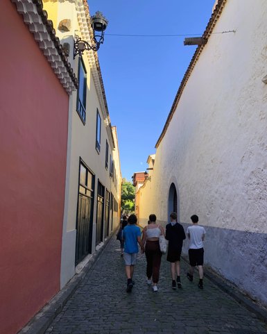 Eine Gruppe von vier Personen geht eine schmale, gepflasterte Straße entlang, umgeben von bunten Gebäuden und blauem Himmel.