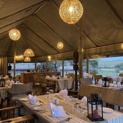Ein stilvolles Restaurant mit eleganten Tischen, sanfter Beleuchtung und Blick auf die Natur im Hintergrund.