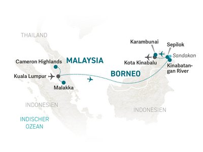 Indonesien Familienreise - Malaysia und Borneo Family & Teens - Reiseroute 2025