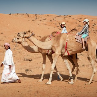 Oman Familienreise - Kinder reiten auf Kamelen in der Wüste