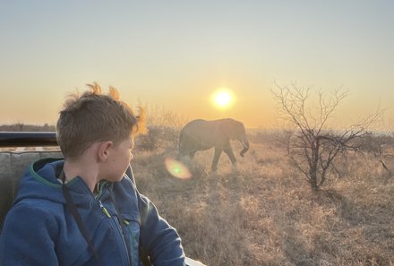 Familienreise Suedafrika_Suedafrika for family_Kind und Elefant