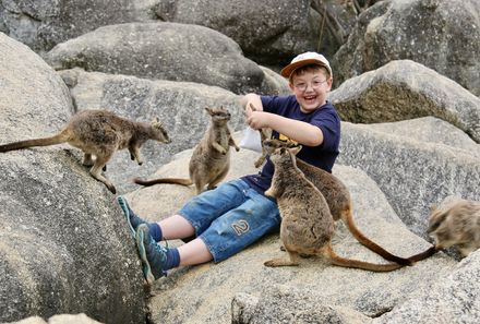 Australien for family - Australien Familienreise - Granite Gorge Nature Park -  Kind mit Känguru