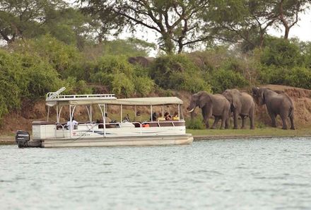 Uganda Familienurlaub - Uganda Family & Teens - Kazinga Kanal Boot mit Elefanten im Hintergrund