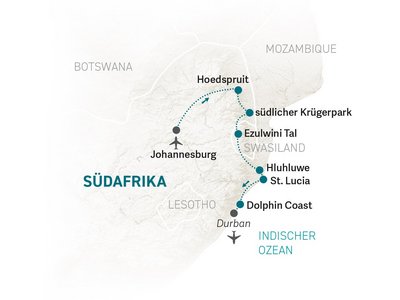 Südafrika Krüger und Dolphin Coast FIT - Südafrika Familienreise - Reisekarte 2024