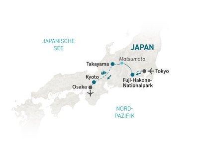 Japan Familienreise Karte der Reiseroute 2024