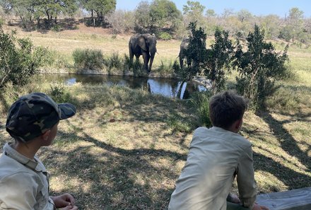 Südafrika mit Kindern - Südafrika Reise mit Kindern - Kinder beobachten Tiere am Wasserloch