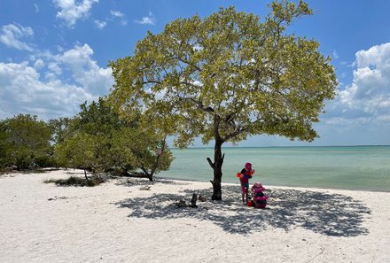 Mexiko mit Kindern - Mexiko Urlaub mit Kindern - Kinder unter einem Baum am Strand von Holbox