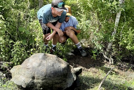Familienreise Galapagos und Ecuador - Galapagos Family & Teens - Kinder mit Galapagos-Schildkröte