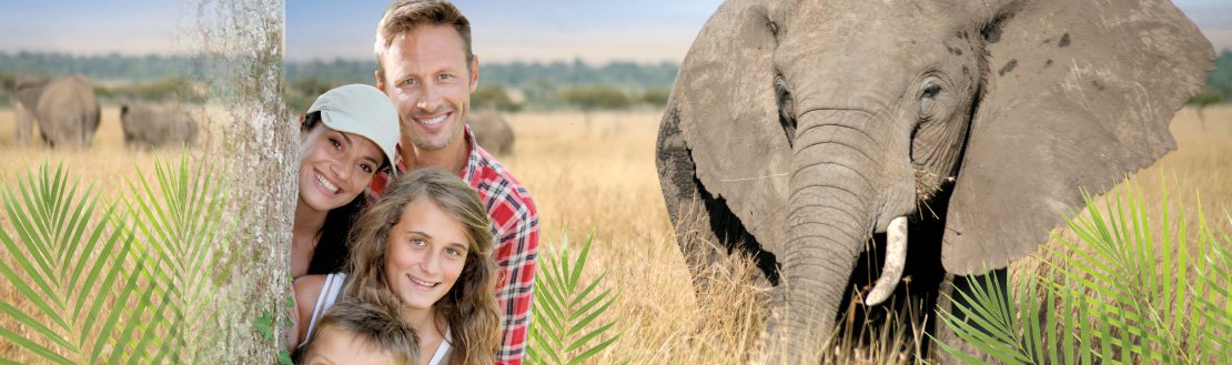 Fernreisen mit Kindern - PR unsere Pressearbeit - Katalogtitel 2014 - Familie neben Elefant
