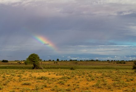 Kenia Family & Teens - Pirschfahrt im Tsavo Ost Nationalpark - Landschaft mit Regenbogen