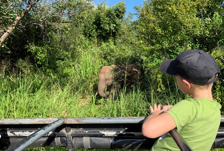 Fernreisen mit Kindern ab wann und wohin - Sri Lanka Urlaub mit Kindern - Kleinkind auf Safari im Minneriya Nationalpark - Elefant