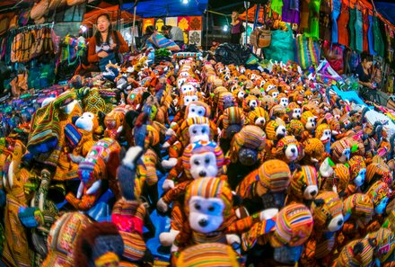 Laos und Vietnam Familienreise - Laos und Vietnam Reise mit Kindern - Luang Prabang Nachtmarkt Kuscheltiere