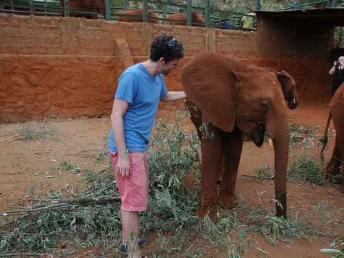 Kenia Familienreise - Mann streichelt Elefant