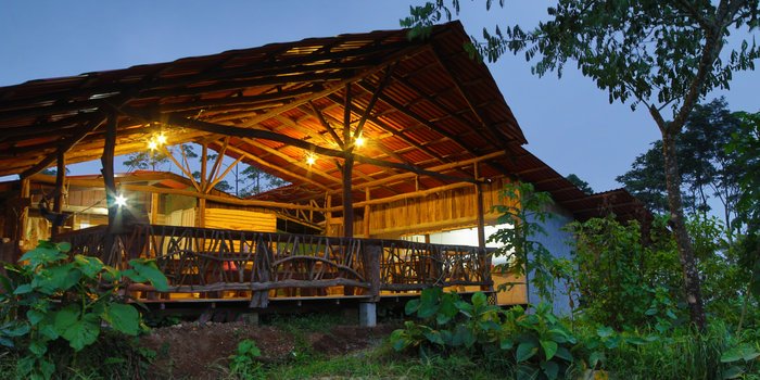 Costa Rica mit Kindern - Regenwaldprojekt: La Tigra Rainforest Lodge - Terrasse der Lodge von unten