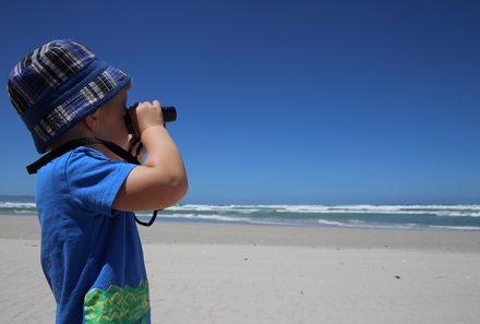 Familienreise Garden Route - Garden Route for family - Hermanus - Grotto Beach - Kind mit Fernglas