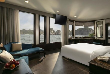Laos & Vietnam Familienreise - Laos Reise mit Kindern - Halong Bucht Orchid Trendy Cruise - Schlafzimmer mit Meerblick