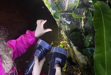 Familienreise Costa Rica individuell - Kids mit Taschenlampe bei Nachtwanderung