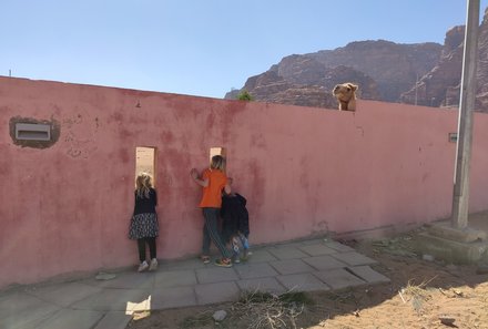 Reisebericht Jordanien Rundreise mit Kindern - Kind stehen vor roter Mauer