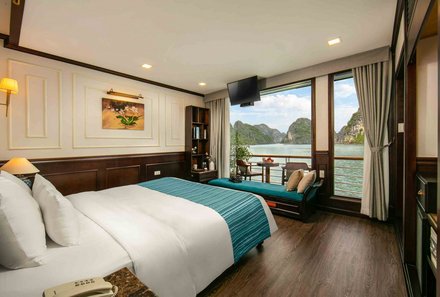 Laos & Vietnam Familienreise - Laos Reise mit Kindern - Halong Bucht Orchid Trendy Cruise - Zimmer mit Ausblick