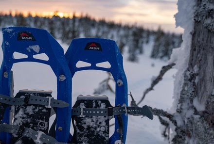 Schweden for family Winter - Schneeschuhwanderung - Schneeschuhe und Sonnenuntergang