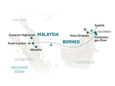 Indonesien Familienreise - Malaysia und Borneo Family & Teens - Reiseroute 2026