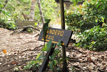 Costa Rica Familienreise - Costa Rica individuell - Cahuita Nationalpark - kleines Schild Tendero Trail