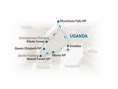 Uganda Individualreise - Uganda for family individuell - Reiseverlauf 2023 - Karte 