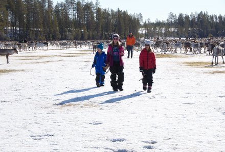 Schweden for family Winter - Rentiersafari - Kinder mit Rentieren