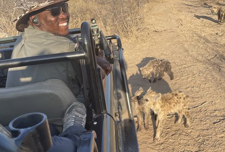 Safari Afrika mit Kindern - Safari Urlaub mit Kindern - beste Safari-Gebiete - Krüger Nationalpark - Hyänen bei Jeep
