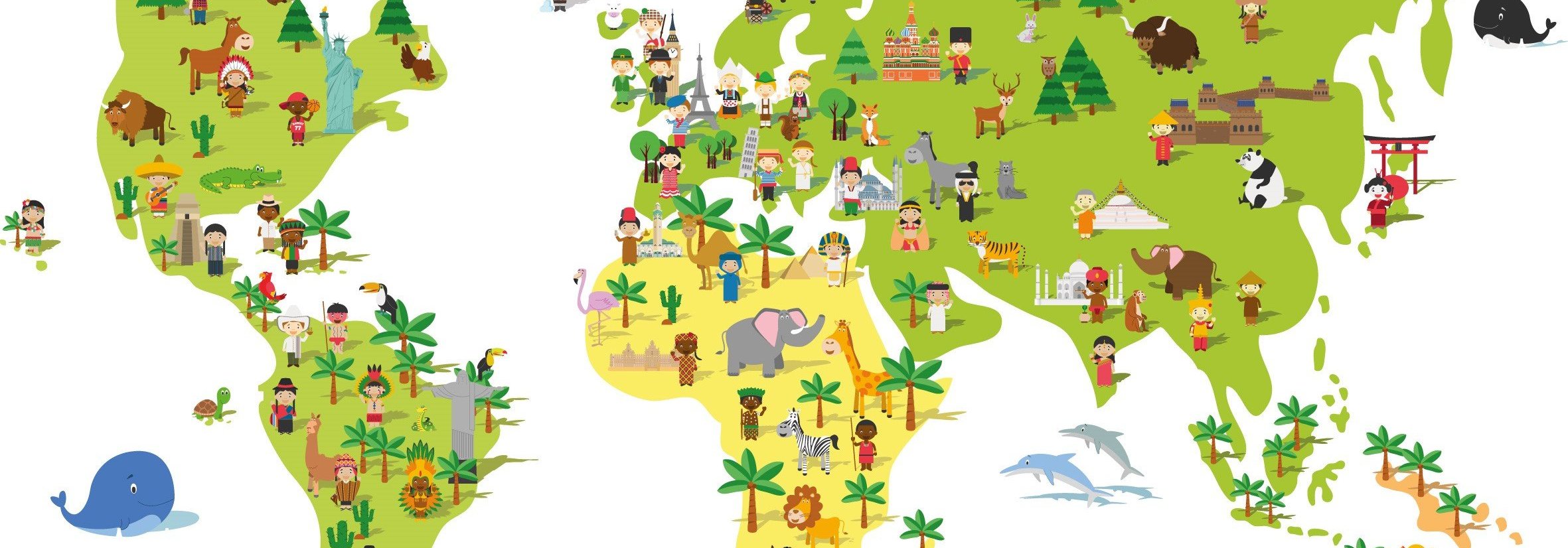 Familienreisen weltweit - Weltkarte für Kinder - Weltkarte mit Tieren